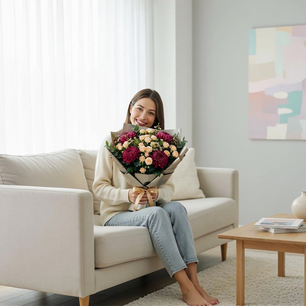 Women’s Day Peach & Pink Soft Elegance Bouquet held by a model, view 3
