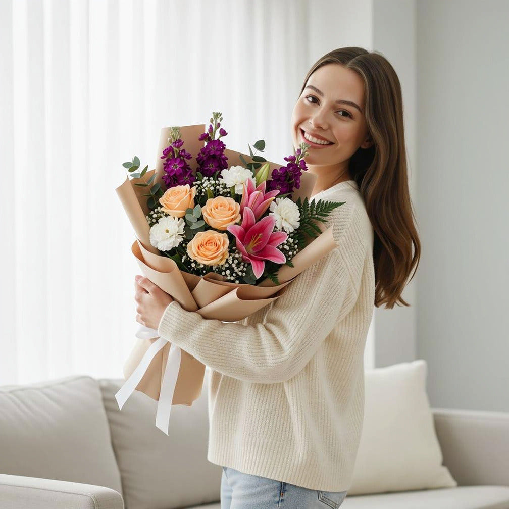 Women’s Day Peach & Purple Elegant Mixed Bouquet held by a model, view 1