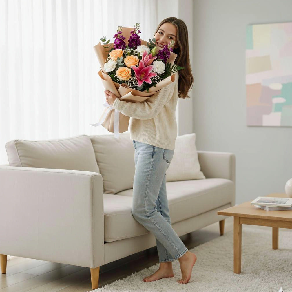 Women’s Day Peach & Purple Elegant Mixed Bouquet held by a model, view 2