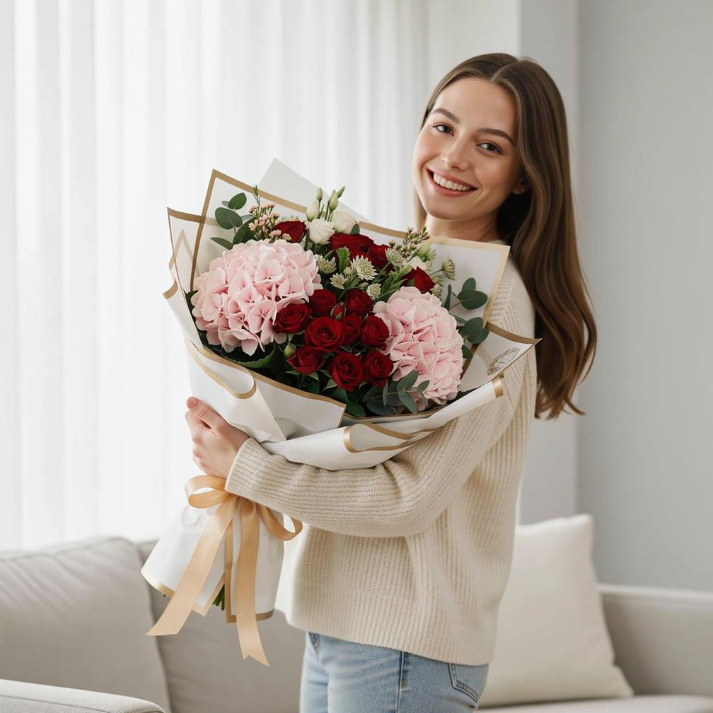 Women’s Day Pink Hydrangea & Red Baby Rose Bouquet held by a model, view 1