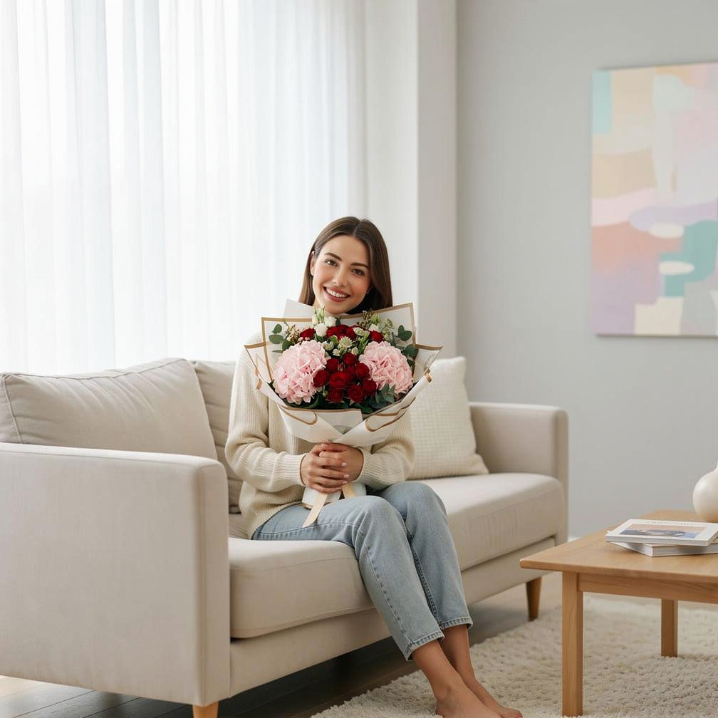 Women’s Day Pink Hydrangea & Red Baby Rose Bouquet held by a model, view 3