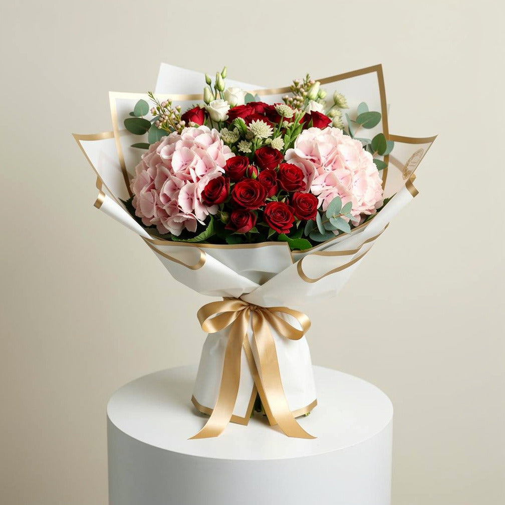 Women’s Day Pink Hydrangea & Red Baby Rose Bouquet