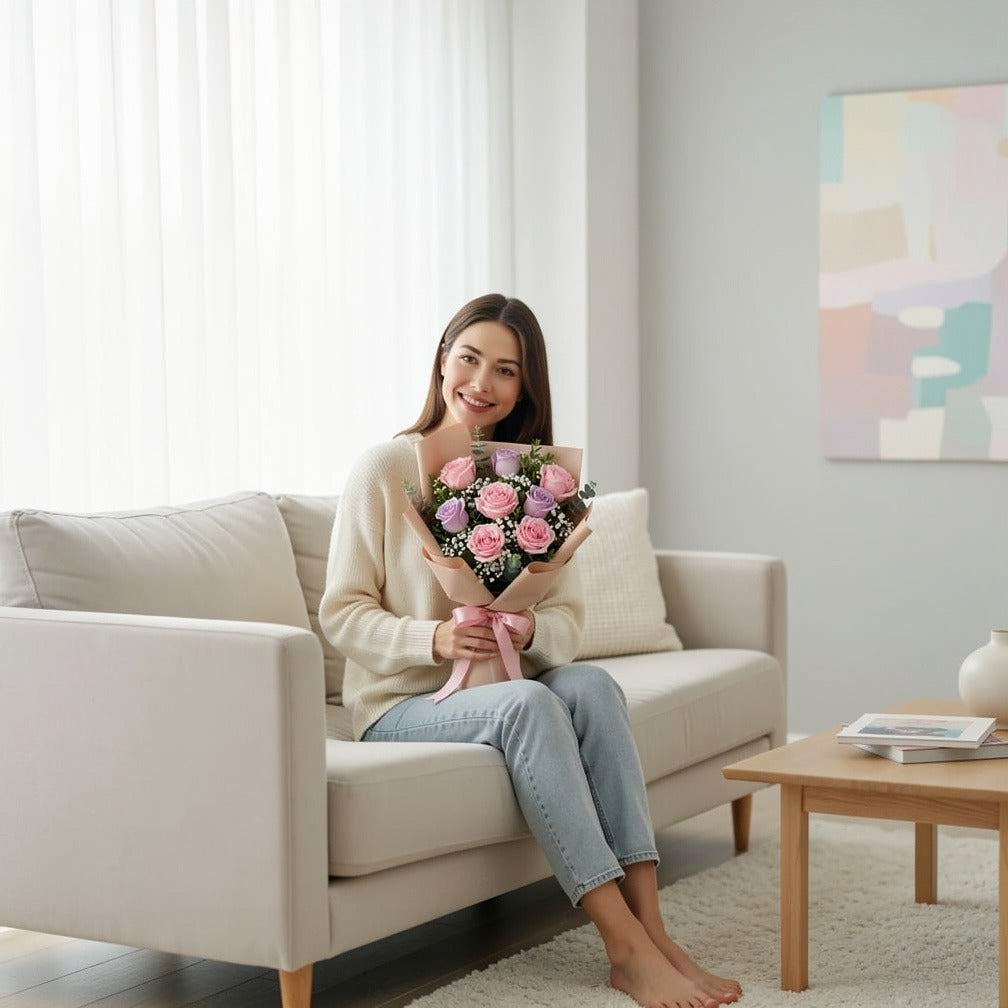 Women’s Day Pink & Purple Rose Elegance Bouquet held by a model, view 3