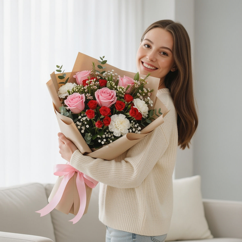 Women’s Day Pink & Red Mixed Rose Bouquet held by a model, view 1