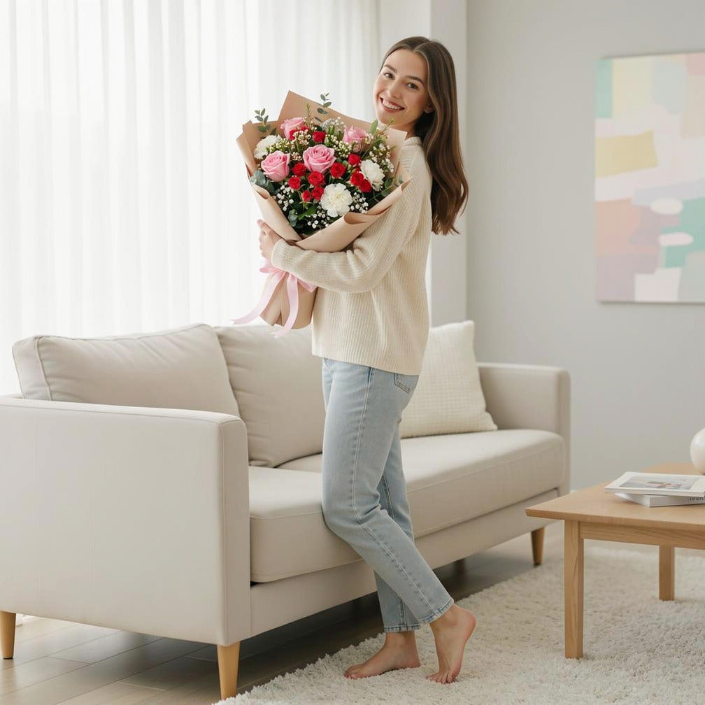 Women’s Day Pink & Red Mixed Rose Bouquet held by a model, view 2