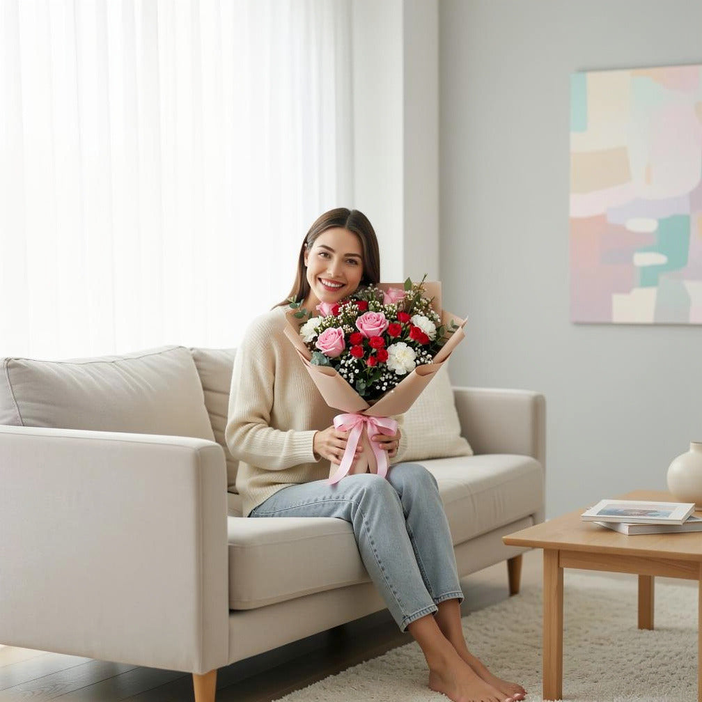 Women’s Day Pink & Red Mixed Rose Bouquet held by a model, view 3