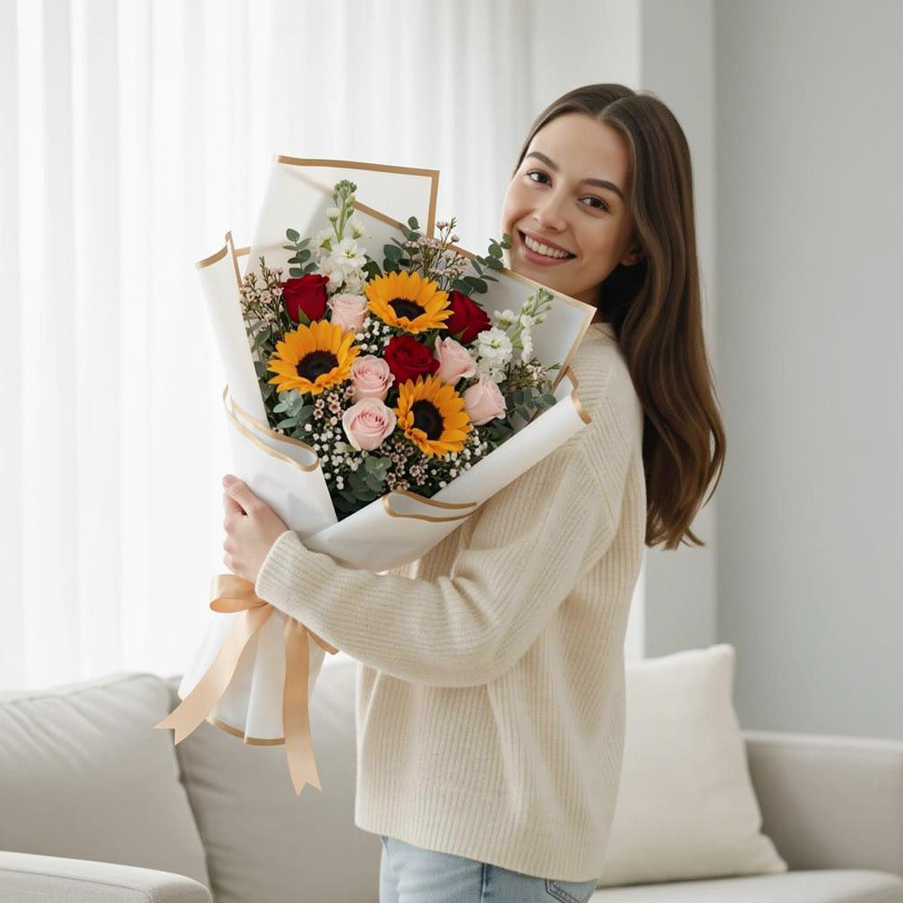 Women’s Day Pink, Red & Sunflower Celebration Bouquet held by a model, view 1