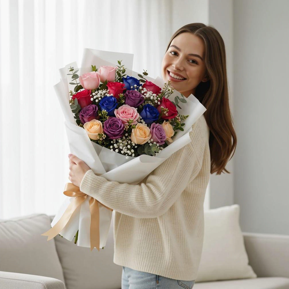 Women’s Day Premium Multicolor Rose Bouquet held by a model, view 1
