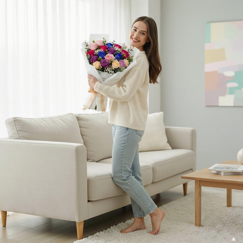 Women’s Day Premium Multicolor Rose Bouquet held by a model, view 2
