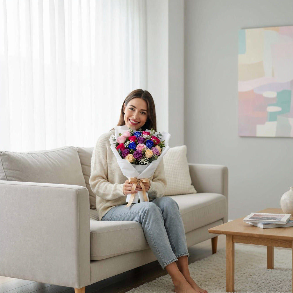 Women’s Day Premium Multicolor Rose Bouquet held by a model, view 3
