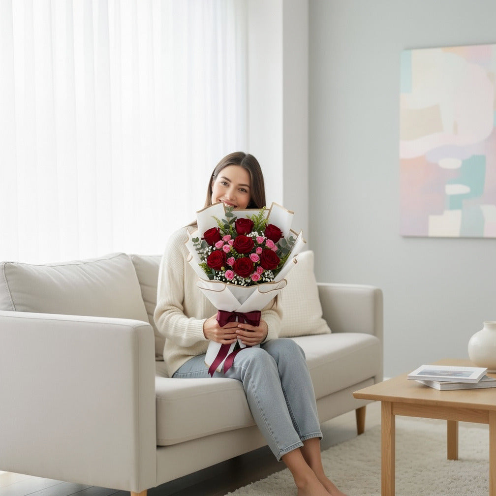 Women’s Day Red & Pink Rose Celebration Bouquet held by a model, view 3