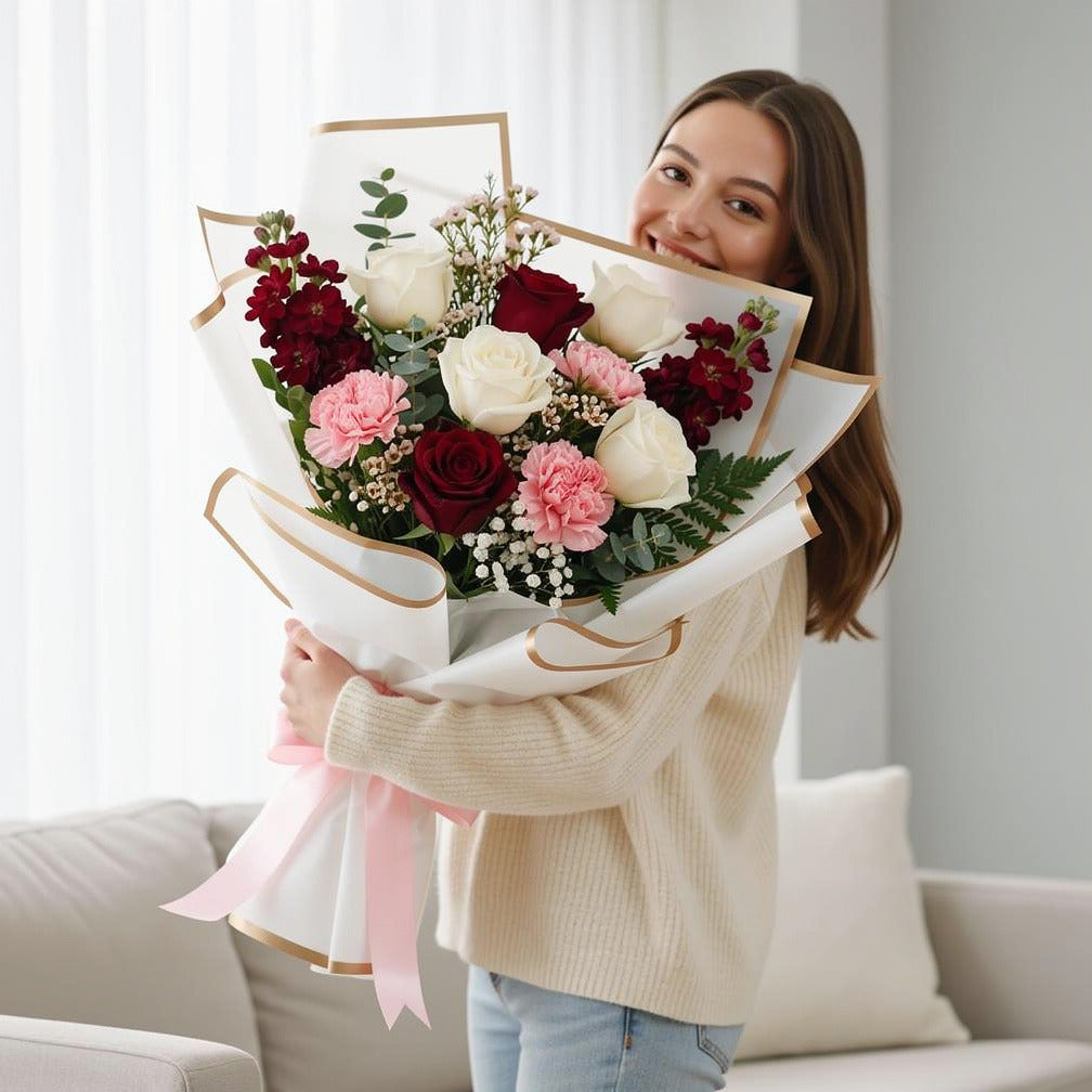 Women’s Day Red & White Rose Elegance Bouquet held by a model, view 1