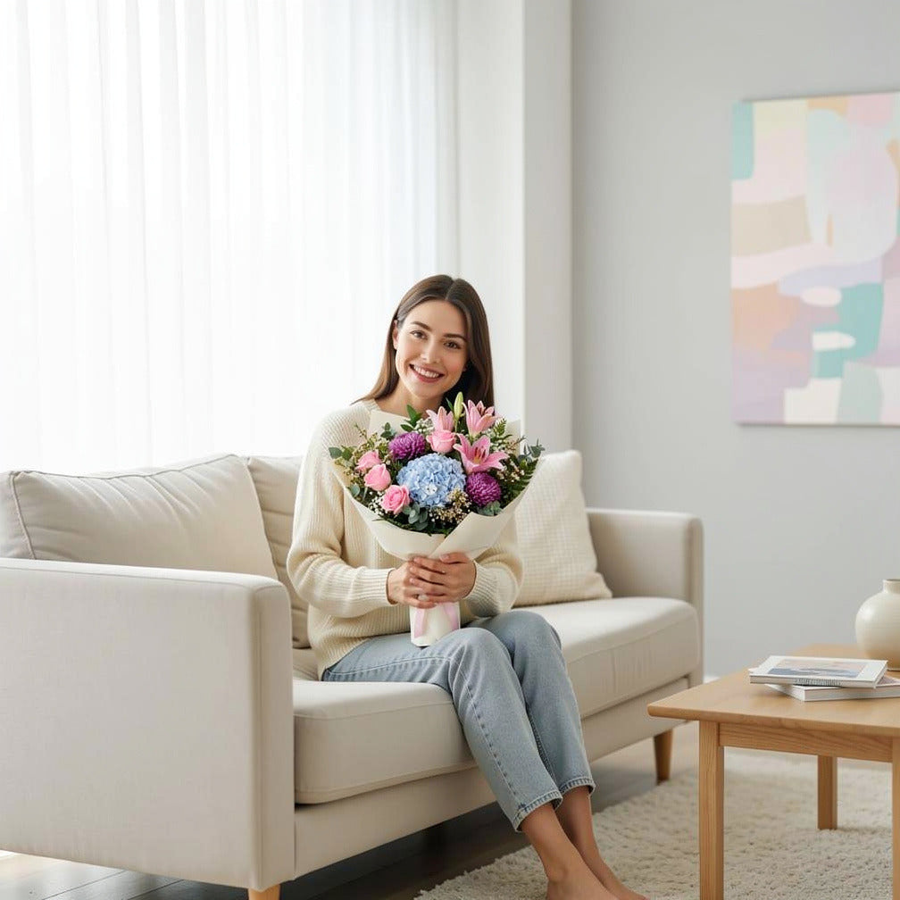 Women’s Day Soft Pink Rose & Purple Hydrangea Bouquet held by a model, view 3