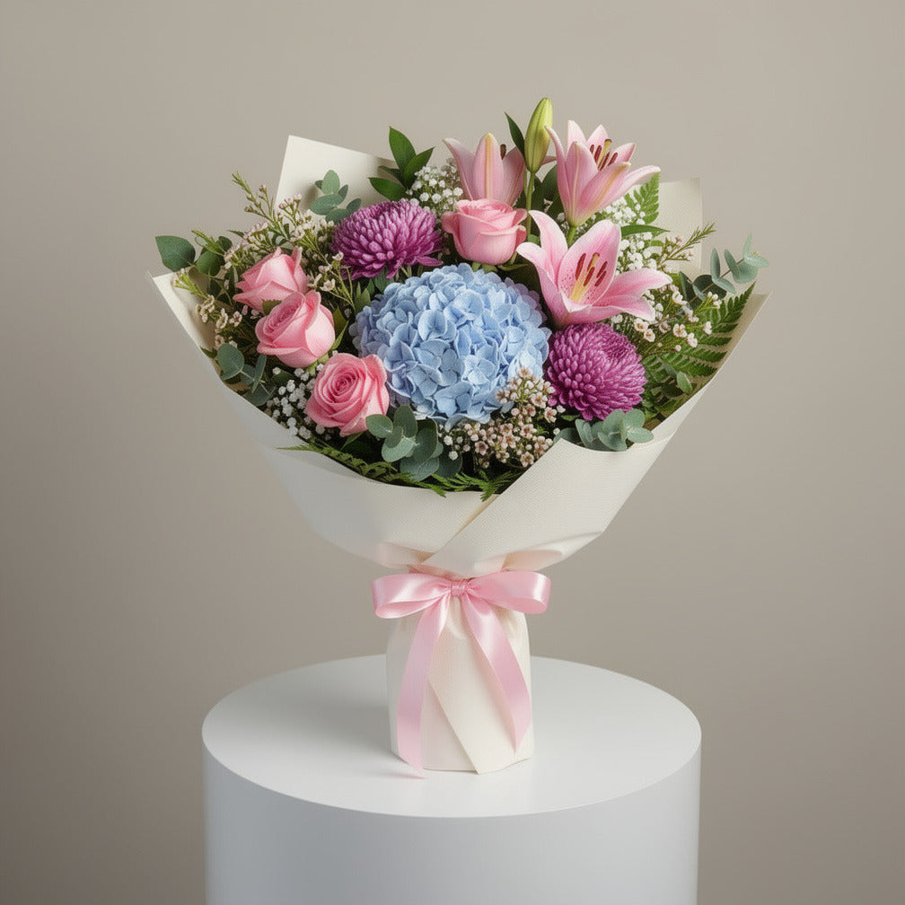 Women’s Day Soft Pink Rose & Purple Hydrangea Bouquet