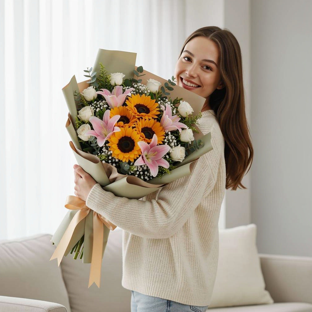 Women’s Day Sunshine Sunflower & Lily Bouquet held by a model, view 1