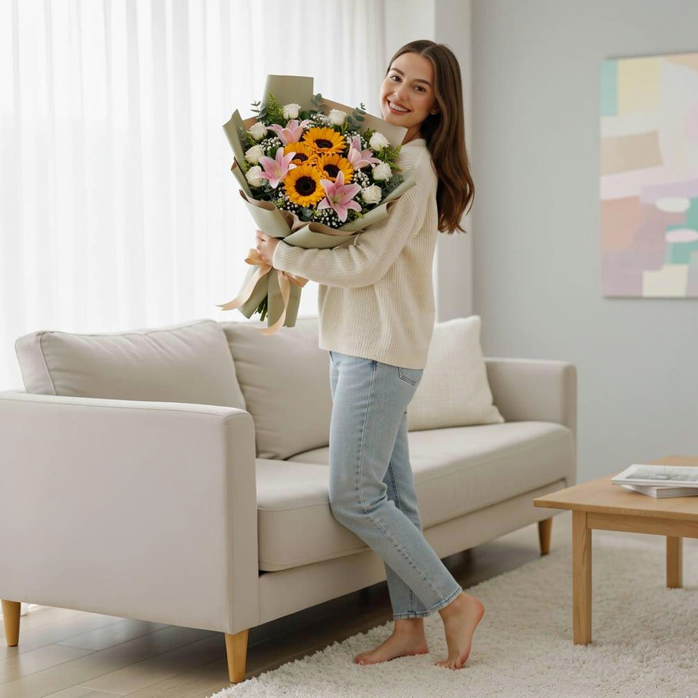 Women’s Day Sunshine Sunflower & Lily Bouquet held by a model, view 2
