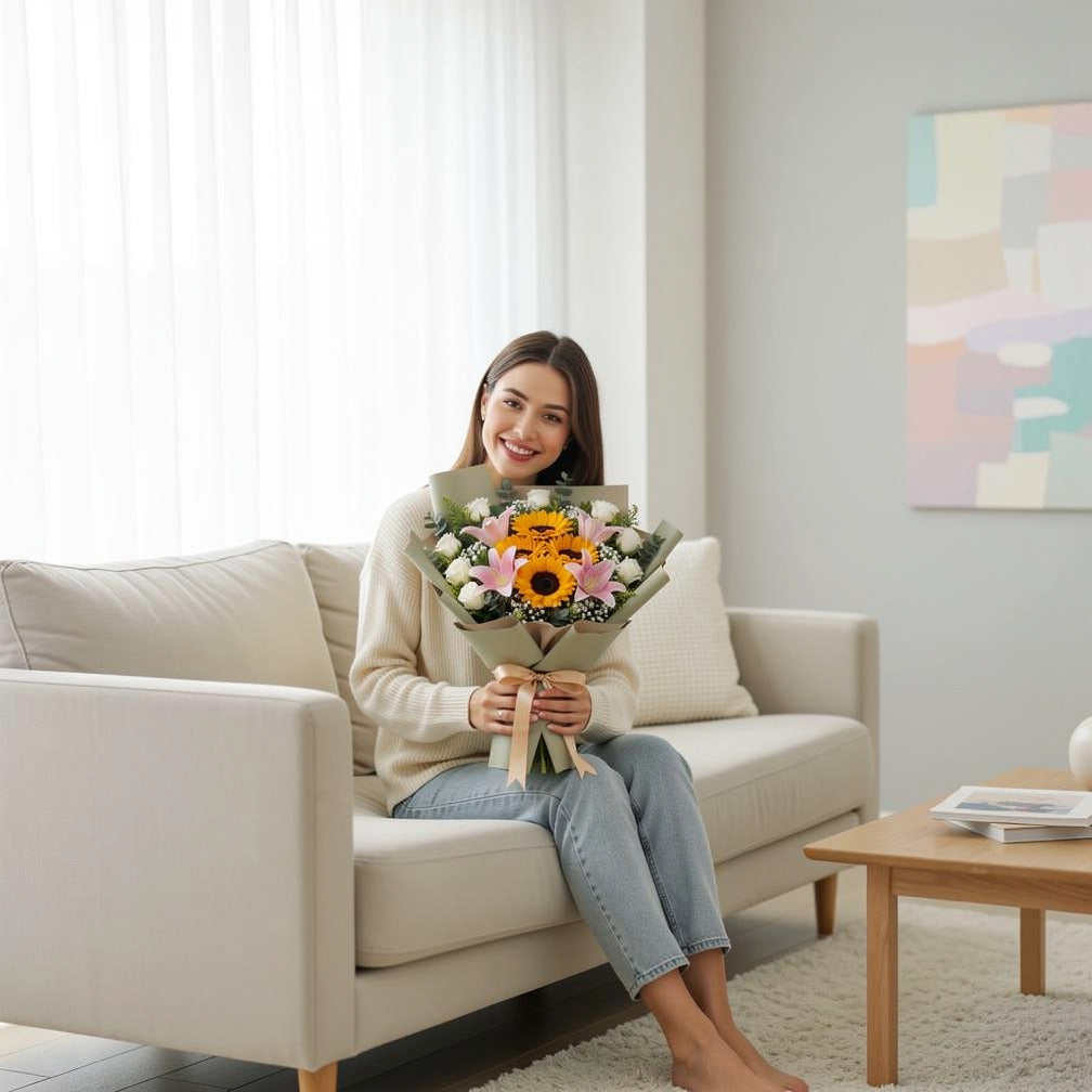 Women’s Day Sunshine Sunflower & Lily Bouquet held by a model, view 3
