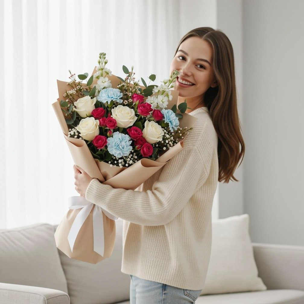 Women’s Day White Rose & Blue Carnation Grace Bouquet held by a model, view 1