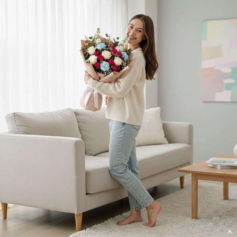 Women’s Day White Rose & Blue Carnation Grace Bouquet held by a model, view 2