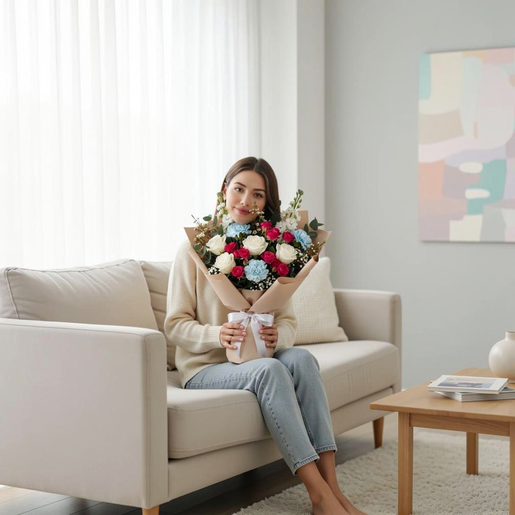 Women’s Day White Rose & Blue Carnation Grace Bouquet held by a model, view 3
