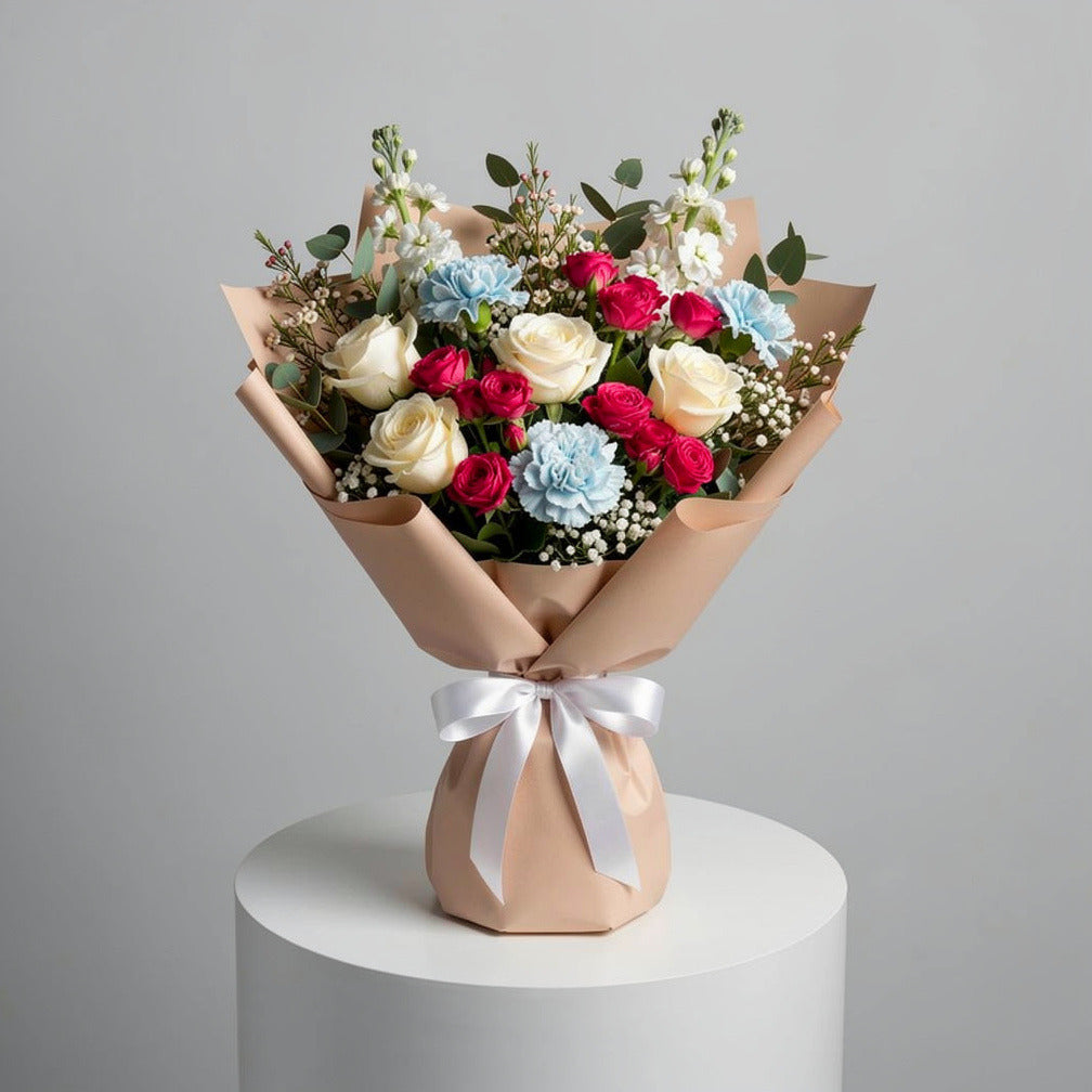 Women’s Day White Rose & Blue Carnation Grace Bouquet