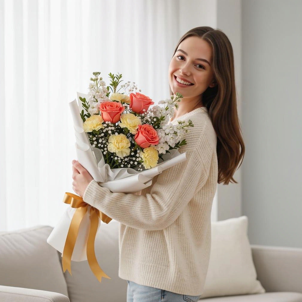 Yellow Carnations, Peach Roses & White Matthiola Bouquet for Birthday held by a model, view 1