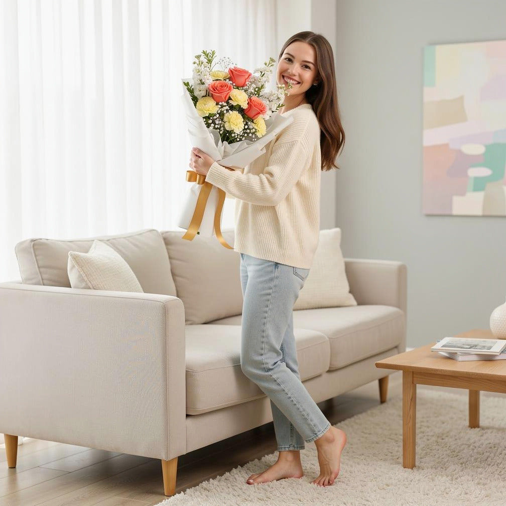 Yellow Carnations, Peach Roses & White Matthiola Bouquet for Birthday held by a model, view 2