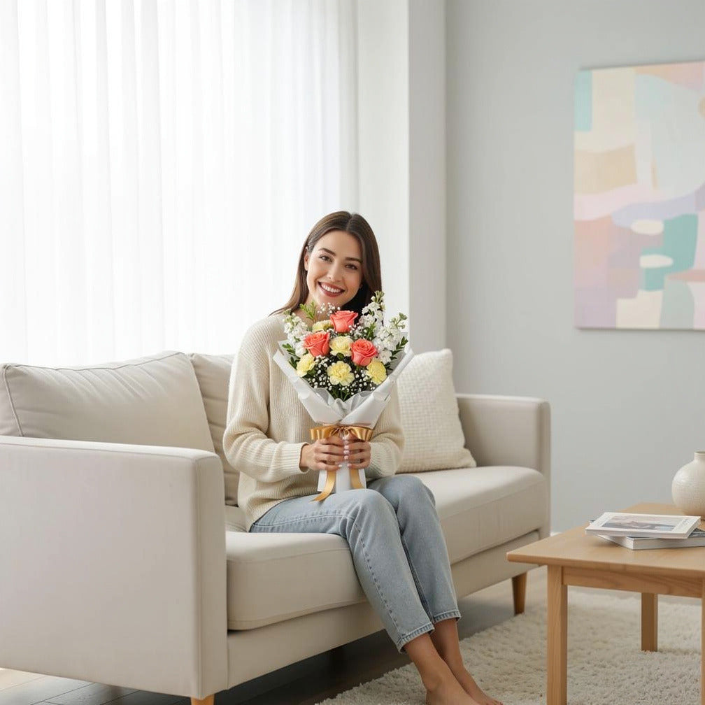 Yellow Carnations, Peach Roses & White Matthiola Bouquet for Birthday held by a model, view 3