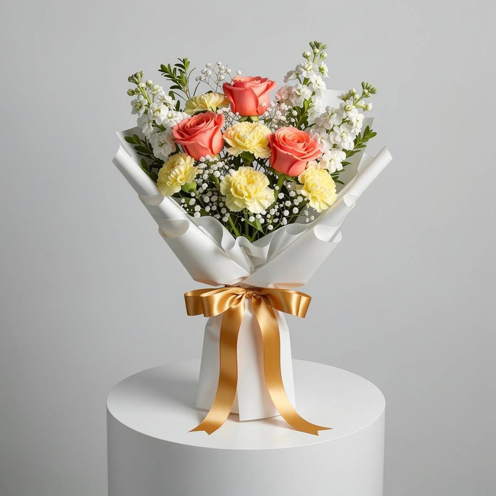 Yellow Carnations, Peach Roses & White Matthiola Bouquet for Birthday