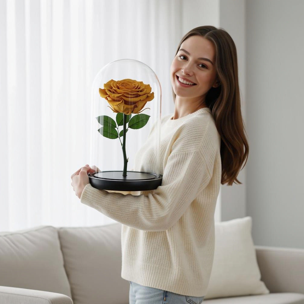 Yellow Medium Preserved Rose held by a model, view 1