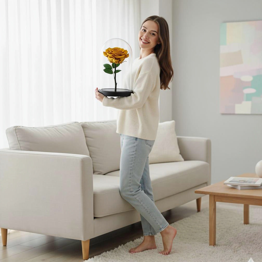 Yellow Medium Preserved Rose held by a model, view 2