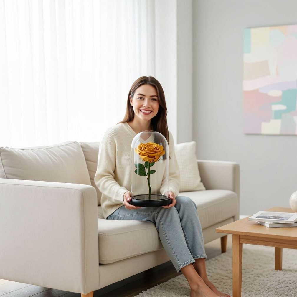 Yellow Medium Preserved Rose held by a model, view 3