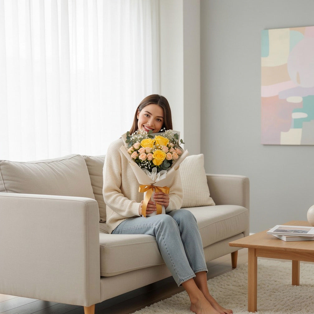 Yellow & Peach Roses Golden Milestone Bouquet held by a model, view 3