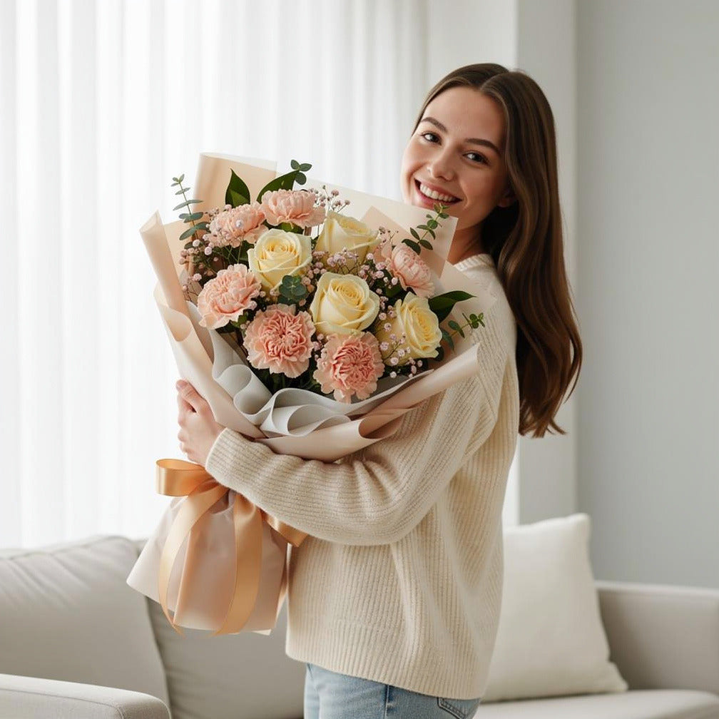 Yellow Roses & Peach Carnations Sunshine Bouquet held by a model, view 1