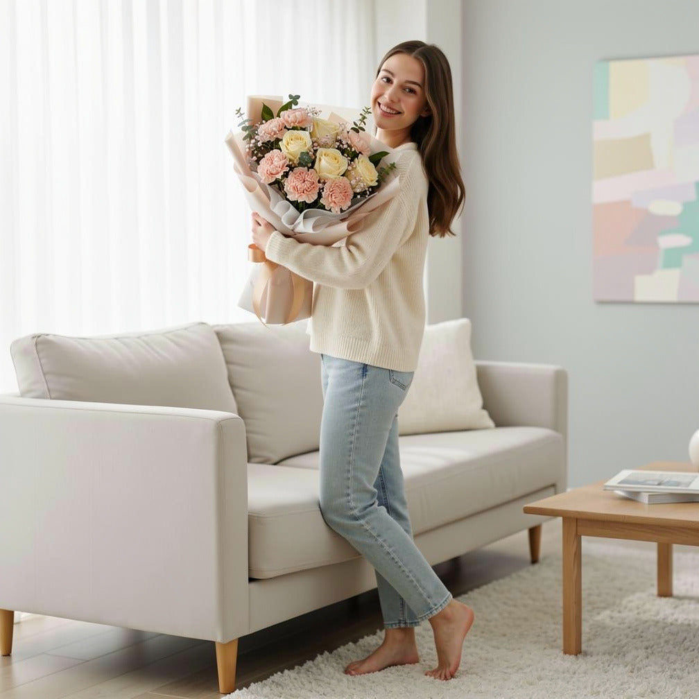 Yellow Roses & Peach Carnations Sunshine Bouquet held by a model, view 2