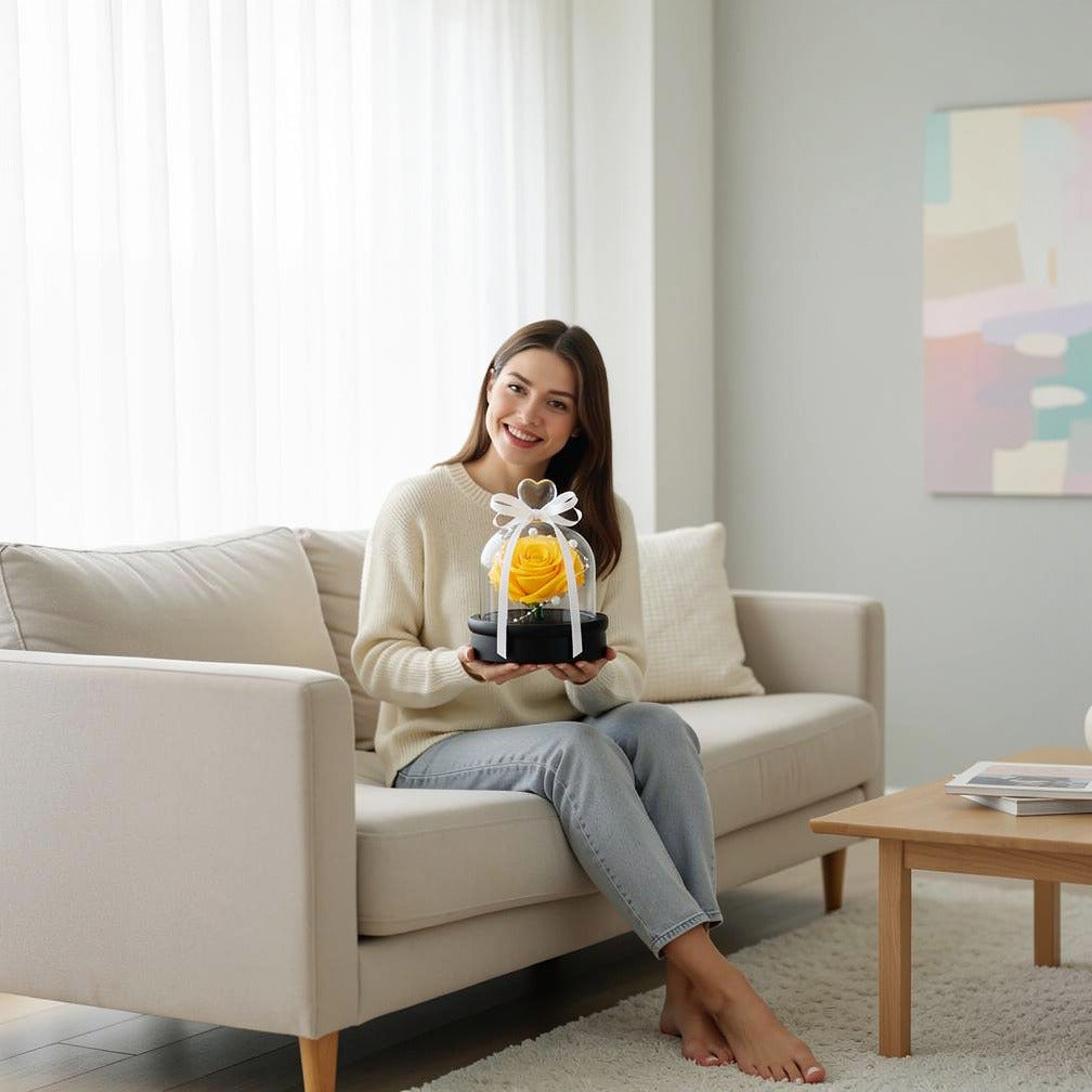 Yellow Small Preserved Rose held by a model, view 3